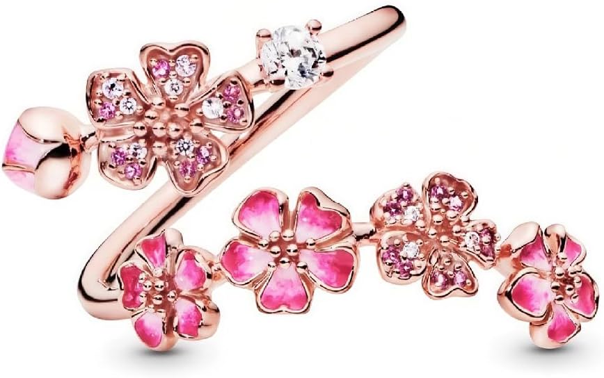 Peach Blossom Ring, Pink Cherry Blossom Rose Gold Plated Rings for Women, Adjustable Peach Floral Jewelry with Crystal & Gemstone, Gifts for Wedding Engagement Anniversary Birthday