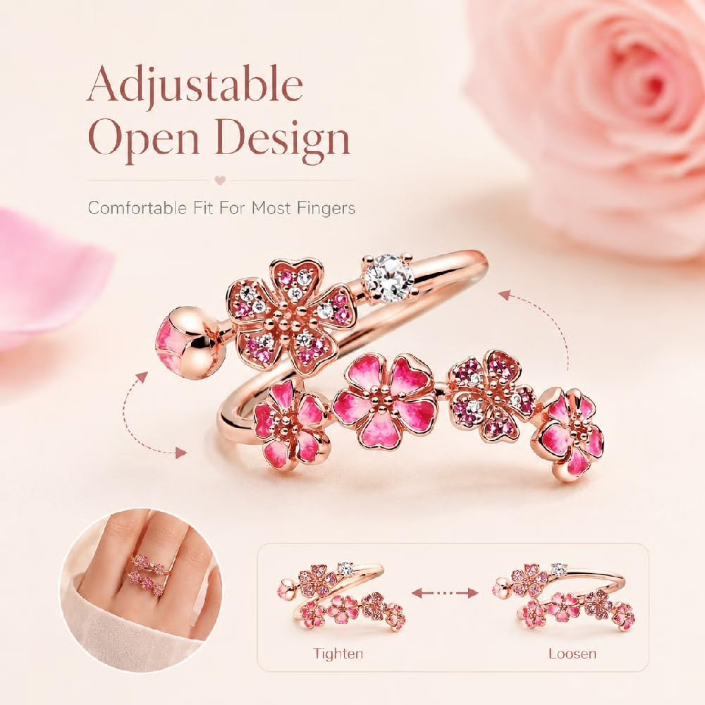 Peach Blossom Ring, Pink Cherry Blossom Rose Gold Plated Rings for Women, Adjustable Peach Floral Jewelry with Crystal & Gemstone, Gifts for Wedding Engagement Anniversary Birthday