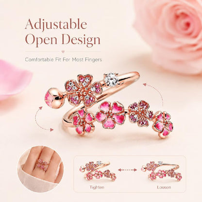 Peach Blossom Ring, Pink Cherry Blossom Rose Gold Plated Rings for Women, Adjustable Peach Floral Jewelry with Crystal & Gemstone, Gifts for Wedding Engagement Anniversary Birthday