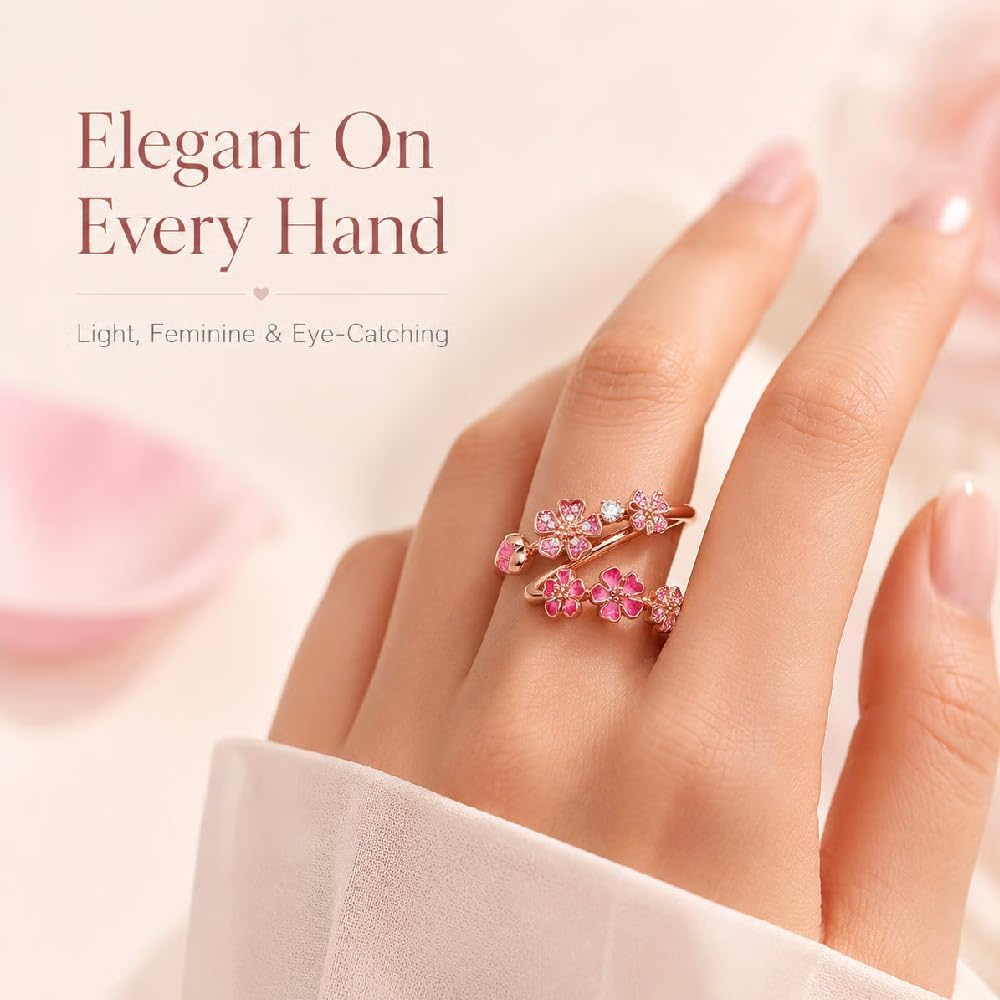 Peach Blossom Ring, Pink Cherry Blossom Rose Gold Plated Rings for Women, Adjustable Peach Floral Jewelry with Crystal & Gemstone, Gifts for Wedding Engagement Anniversary Birthday